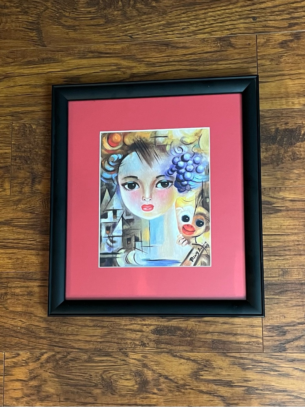 Colorful Big Eyes Girl with Monkey and Grapes Print by Ping Irvin